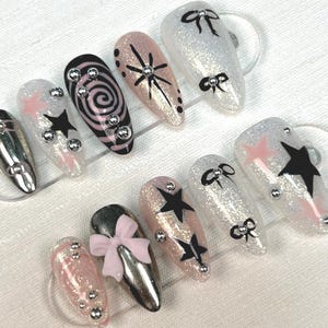 Y2K Nails,Gothic Press on Nails Short Almond Nails Long,Silver 3D Chrome Nails,Bow Nails,Star Nails, Black Purple Nails,Pink Birthday Nails