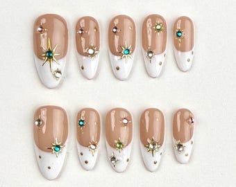 White French Press on nails short almond nails, Sun Star Nails, White French nails, Birthday nails, Trendy Nails, Minimalism Classic nails