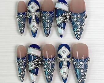 Denim Blue Luxury Full Diamond Cross Gothic Nails, Stiletto French Tip Nails, Hand-Painted Checkered Nails, Retro Vintage Nails,Wedding nail