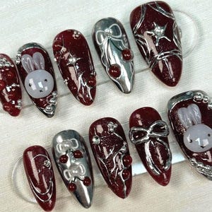 Trendy Wedding Rabbit Nail for Summer Medium Almond Press On Nail, Custom Nail Art, Fake,Flase Nail Birthday Nail,Flower Nails, Nails Gift