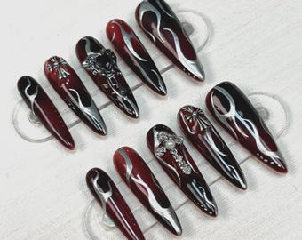 Black Red With Silver Chrome Press On Nails, Long Almond Press On Nails, Hand Painted Fake Nails, Goth, Gothic, Y2K Nails, Aura Nails