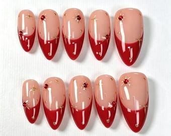 Burgundy French Star Nails, Gold Metal Hand-painted Star Nails, Shiny Diamond Nails, Almond French Nails, Gentle Wedding Nails