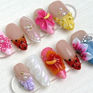 Summer Tropical Vibes Press On Nails, Island-Inspired Press On Nails, Pink Ombré Nails, 3D floral pink nails,Handmade Beach Press On Nails