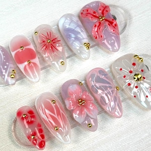 3D Flower FreeStyle Medium Almond Press On Nails, 3D Gel Flower, Ombre Pink Color, Marle Nails, Lily Flower Nails, Spring Summer Nails