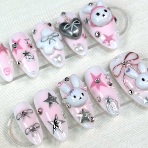 Kawaii Bunny Press On Nails, Hand Painted Press On Nails, Cute 3D Nail Art with Glitter, Pearls and Bows Nails, Pink press on, Gift for her