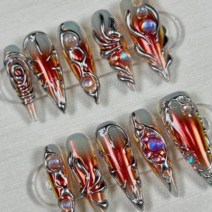 Freestyle Silver Brown-toned aurora mirror finish Long Almond Press On Nails Hand Painted Fake Nails,Event,Goth,Gothic,Y2K,Aura Nails
