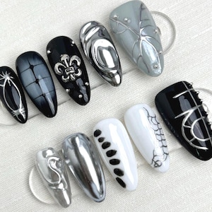 Silver 3D Chrome Nails/Black Gothic Press on Nails long almond nails/Birthday Nails/Sun Star Nails/Gothic Nails/Holiday Nails/Black Nails
