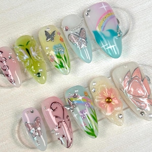 Hand-Painted Floral Manicure, Spring Garden Roses And Tulips, Medium Almond-Shaped 3D Floral Press-on Manicure, Handmade Manicure