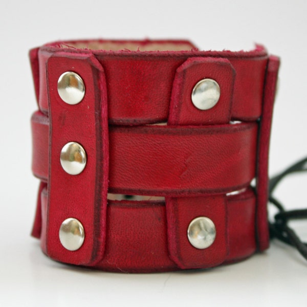 Red Leather Woven Cuff - Handmade