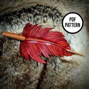 May include: Red leather feather hair pin with a wooden stick. PDF PATTERN.