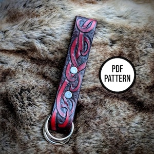 May include: A red and brown leather keychain with a Celtic knot design and a silver key ring.  PDF PATTERN.