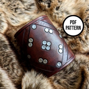 May include: A brown leather cuff with silver studs, a geometric design, and the text "PDF PATTERN" in a white circle.