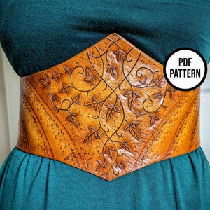 Leather Corset Belt with Vines & Mallorn Leaves - PDF Pattern for Leatherwork