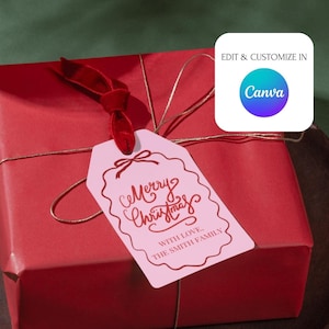 Druckbare rosa und rote Schleife Frohe Weihnachten Geschenkanhänger, bearbeitbarer Weihnachtsgeschenkanhänger, Weihnachtsbeutelanhänger, Urlaub Geschenkanhänger, Leckerlitasche