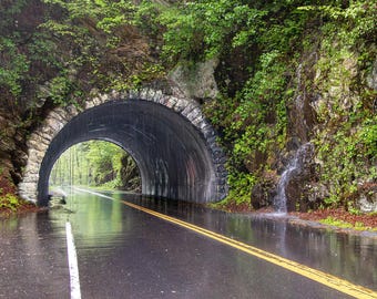 Great Smoky Mountains Tunnel Waterfall Photo Print, Rainy Day Landscape