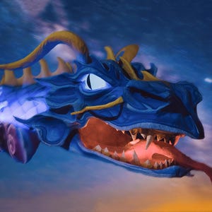 May include: A blue dragon head with yellow horns and glowing blue accents. The dragon's mouth is open, revealing sharp teeth and a red tongue. The background is a starry night sky.
