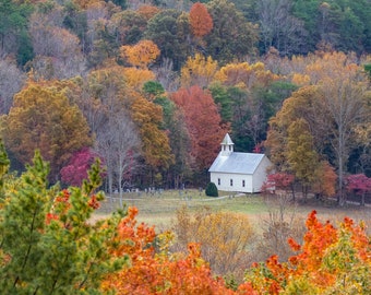 Historic Cades Cove Methodist Church in Great Smoky Mountains with Colorful Fall Leaves Wall Art Photography