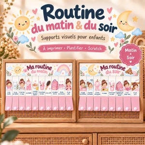 May include: Two wooden framed visual routine boards for children featuring morning and evening tasks. Each board displays illustrated icons with French text labels and pink plastic tabs with white snaps to track completed daily activities.