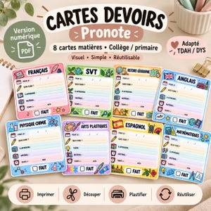 Può includere: Un set di otto schede colorate per i compiti scolari per materie come francese, scienze, storia, inglese, chimica, arte, spagnolo e matematica, complete di icone, righe da compilare e una casella di controllo con la scritta FAIT.