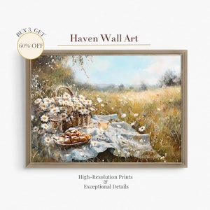 Rustic Spring Picnic Painting - Countryside Wildflower Art, Cottagecore Printable Wall Decor, Farmhouse Dining Room Art | PSL073