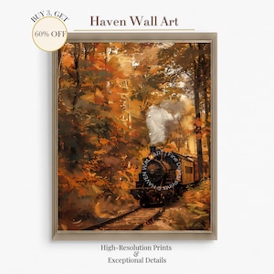 Golden Forest Train Printable Wall Art | Autumn Railway Oil Painting | Thanksgiving Journey Decor | Steam Locomotive Print | PAL122