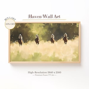 Horse Riders through Summer Meadow - Rustic Equestrian Samsung Frame TV Art | Golden Field Digital Oil Painting | TUA041