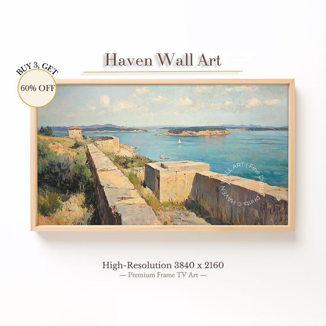 Mediterranean Cliffside Ruins Frame TV Art | Vintage Coastal Landscape ...