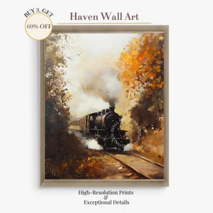 Autumn Steam Train Printable Wall Art | Vintage Railway Through Fall Forest Painting | Thanksgiving Travel Home Decor | PAL121