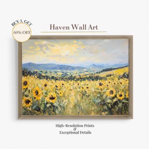 Sunflower Field Impressionist Painting - Warm Summer Countryside Art, Rustic Floral Print | PUF021