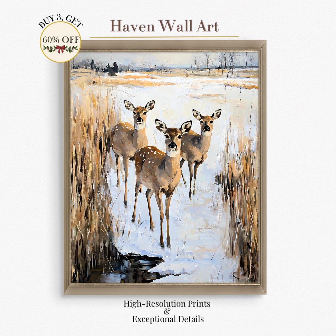 Winter Deer Trio | Rustic Wildlife Painting | Snow Landscape Printable ...