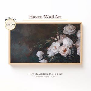 Vintage Peony & Butterfly Frame TV Art - Dark Botanical Oil Painting | TSF059