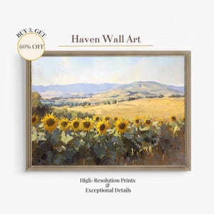 Sunflower Field Painting - Rustic Summer Landscape Art, Cottagecore Nature Print | PUF020