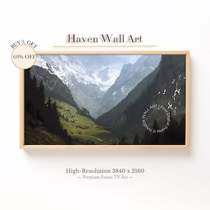 Alpine Valley Frame TV Art - Snow Mountain Landscape Digital Painting, Rustic Spring Nature Wall Decor for Samsung Frame TV | TSL103