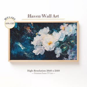 Blue Peony Frame TV Art, Spring Floral Samsung TV Art, Impressionist Style, Moody Blue Wall Art, Digital Download | TSF094