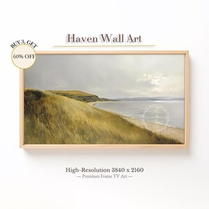 Summer Coastal Bluff Frame TV Art - Vintage Landscape of Golden Cliff and Calm Sea, Samsung Frame TV Digital Painting | TUB002