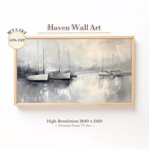 Muted Sailing Boats in Gray Blue - Samsung Frame TV Art | Coastal Nautical Neutral Oil Painting | Minimal Summer Sea Decor | TUB098