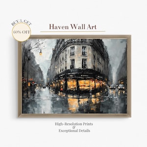 Paris Rainy Corner Street Printable Wall Art | Vintage Cozy Cafe Night Painting | Autumn Winter Cityscape Decor|French Nostalgia Art |PAL064