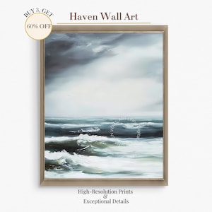 Vagues orageuses - oeuvre d&#39;art murale spectaculaire sur le littoral, impression de paysage marin océan de mauvaise humeur | PUB054