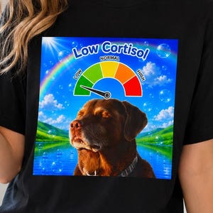 May include: A black t-shirt featuring a graphic print of a brown dog against a blue sky with a rainbow and floating bubbles. Above the dog is a gauge labeled Low Cortisol with a needle pointing to the green section, along with the text Normal.