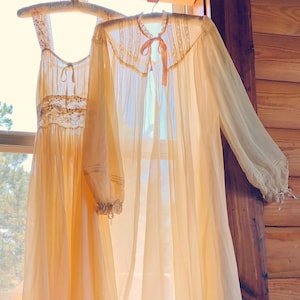 30s/40s Handmade Sheer Chiffon & Lace Pin Tuck Peignoir + Bias Cut Maxi Slip Gown Bridal Robe Set