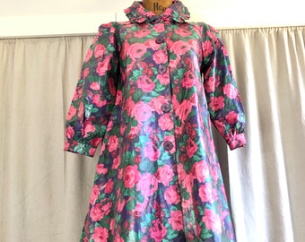 80s Floral Ruffle Collar Puff Sleeve Coated Cotton Raincoat XXS XS