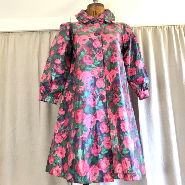 80s Floral Ruffle Collar Puff Sleeve Coated Cotton Raincoat XXS XS