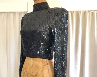 80s Silk Sequin + Beaded Power Shoulder Cropped Jacket or Top XS S