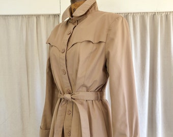 70s Khaki Tan Scalloped Belted Trench Coat S M