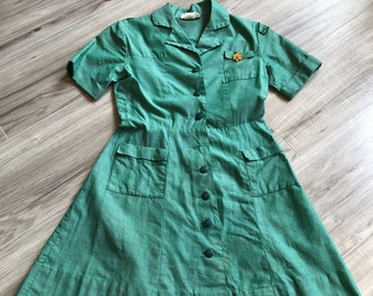 50s Girl Scout Green Cotton Uniform Dress Pleated Back + Pockets & Pin XXS