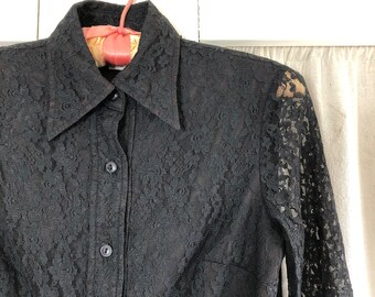 60s Black Lace Semi Sheer Dagger Collar Top XS