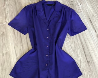 80s Purple Gathered Short Sleeve Blouse S