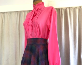 60s/70s Hot Pink Ruffled High Collar Balloon Sleeve Tuxedo Blouse S M