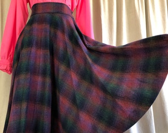 80s Rainbow Plaid Wool High Waist Full Midi Skirt XS S