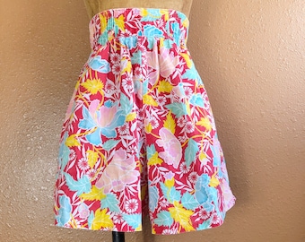 80s Hawaiian Print Wide Elastic High Waist Culottes Shorts + Pockets S M